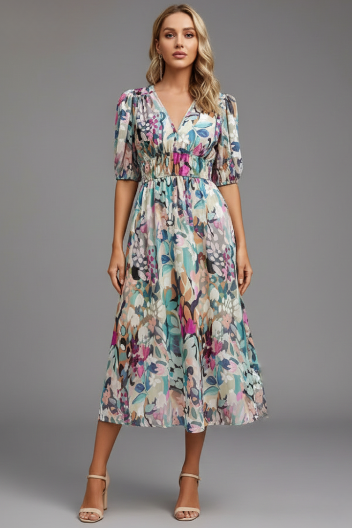 Women’s Floral Puff Sleeve V-Neck Midi Dress