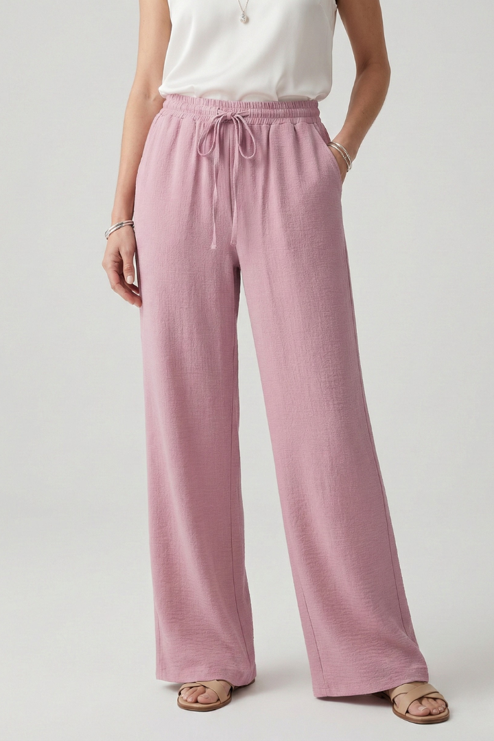 Women’s Casual Palazzo Trousers with Drawstring Waist and Side Pockets