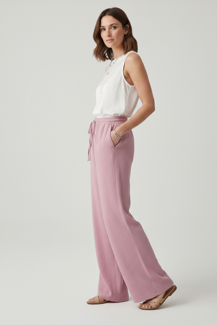 Women’s Casual Palazzo Trousers with Drawstring Waist and Side Pockets