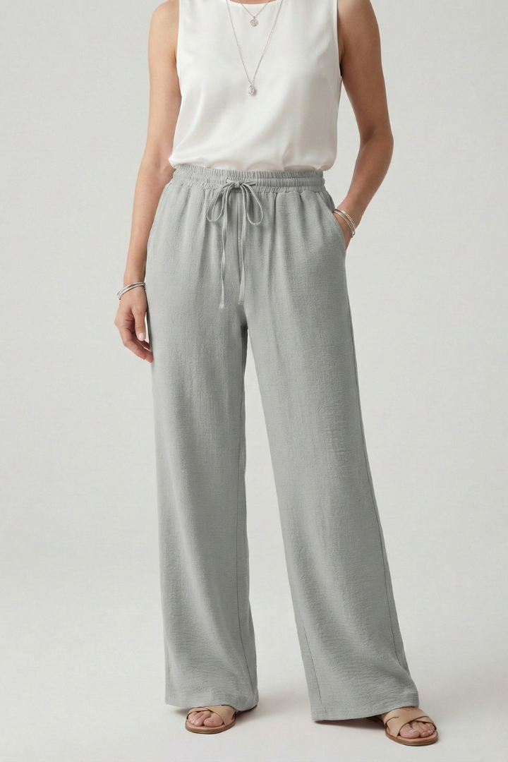Women’s Casual Palazzo Trousers with Drawstring Waist and Side Pockets