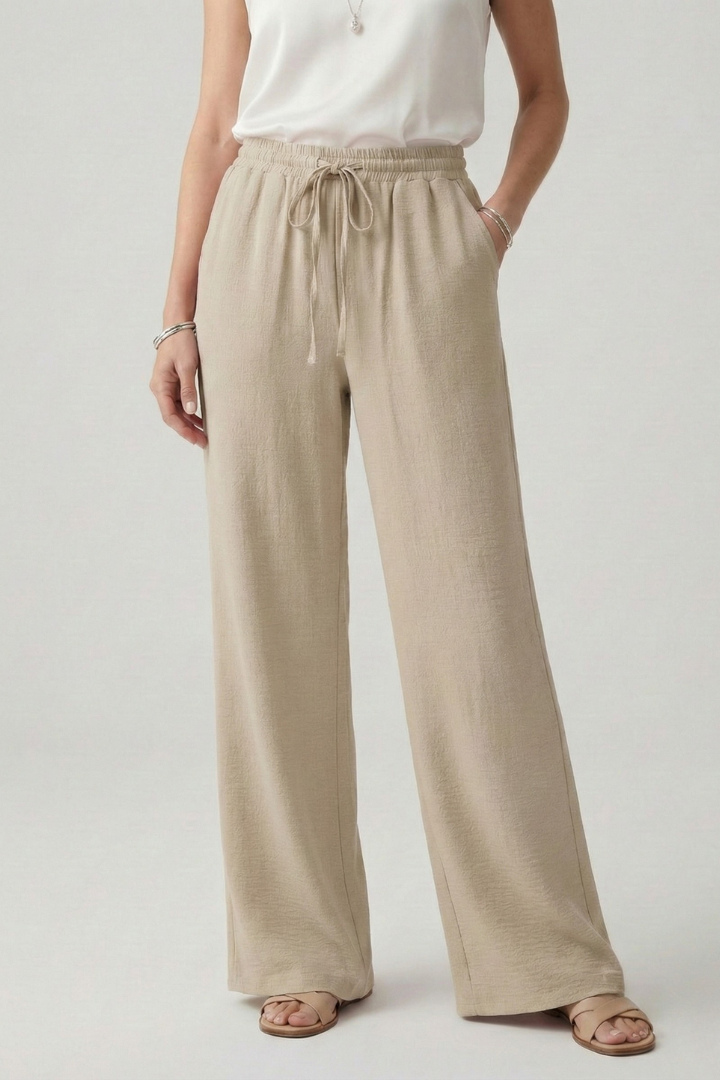 Women’s Casual Palazzo Trousers with Drawstring Waist and Side Pockets