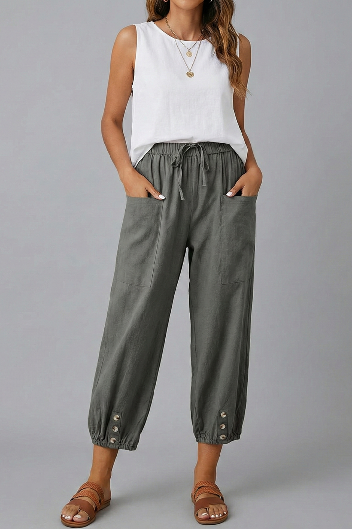 Women’s Trousers with Drawstring Waist and Button Hem