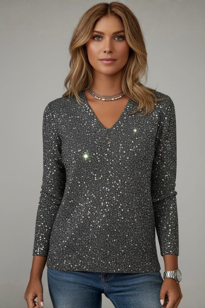 Women’s Sequin V-Neck Long Sleeve Jumper