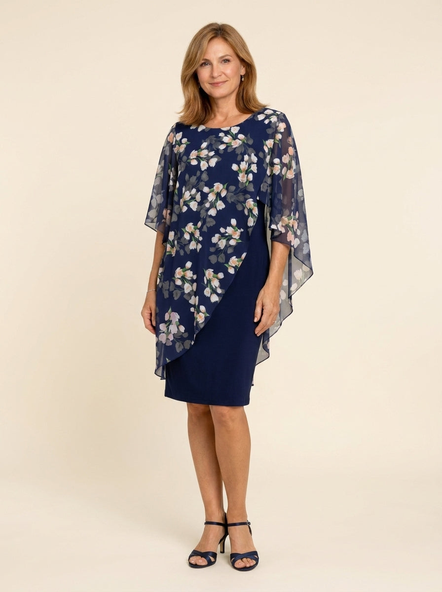 Farrah™ | Elegant Floral Cape Overlay Dress