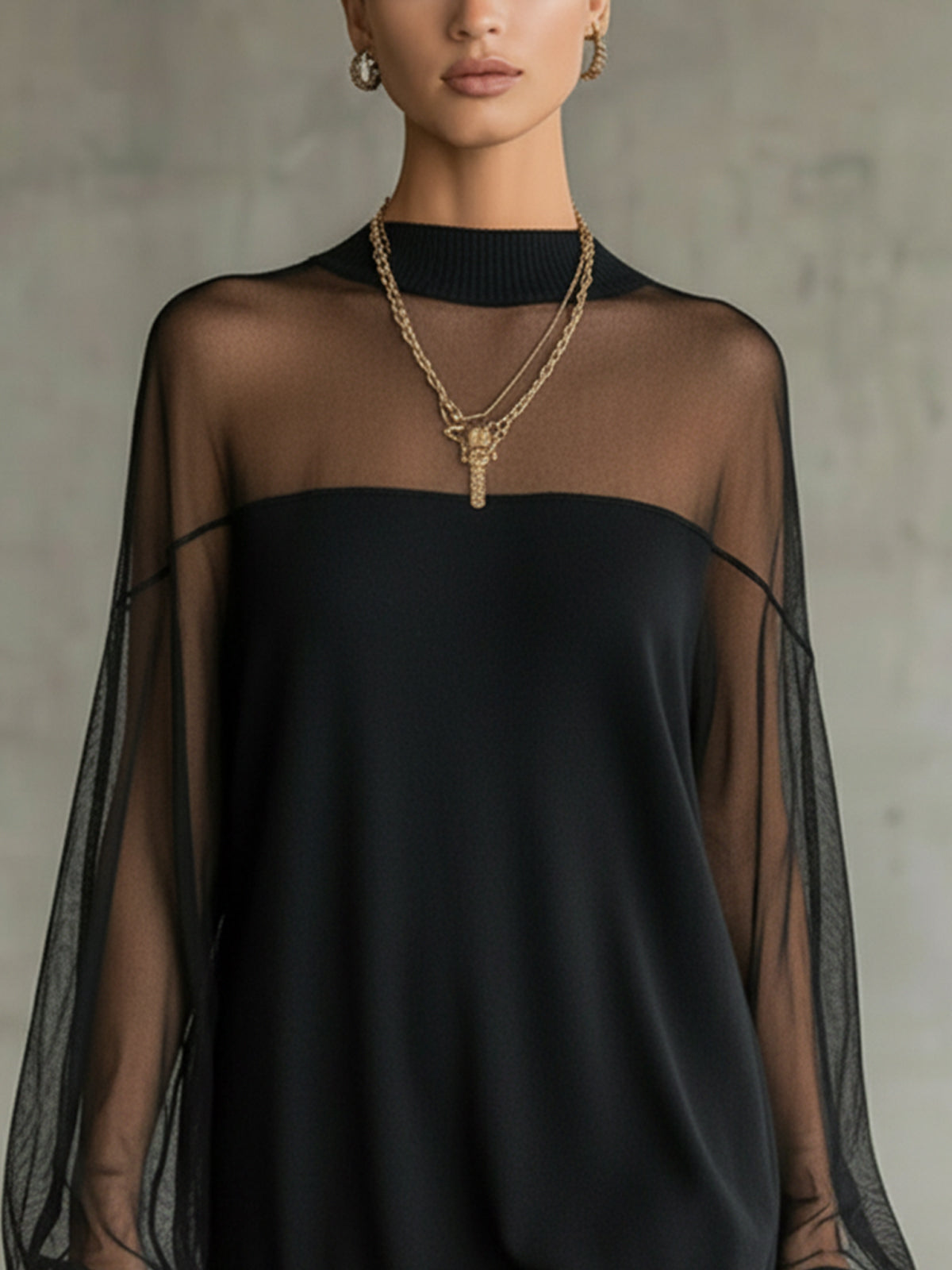 Marguerite™ | Elegant Black Mini Dress with Sheer Mock Neck and Bishop Sleeves