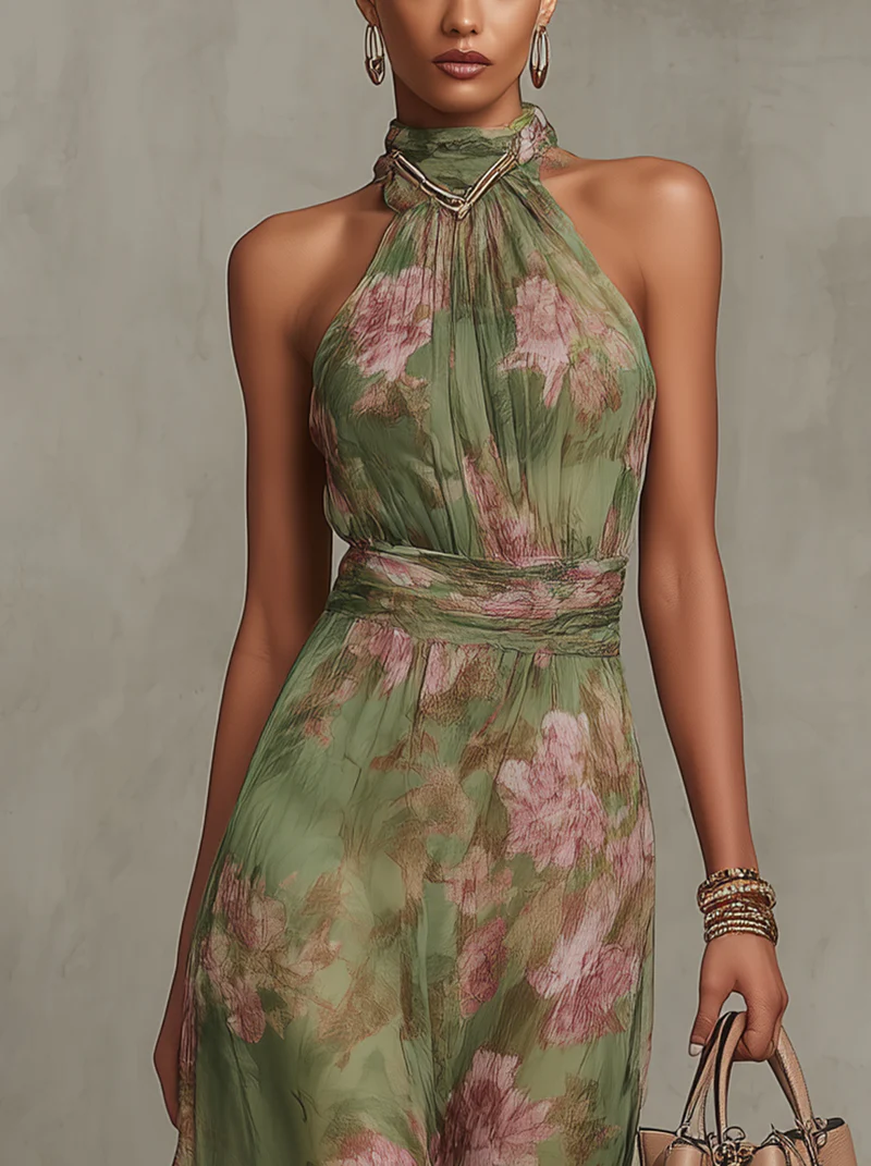 Sylara™ | Floral Maxi Dress with Halter Neck Sleeveless Ruched Waist Formal Wedding Guest Style