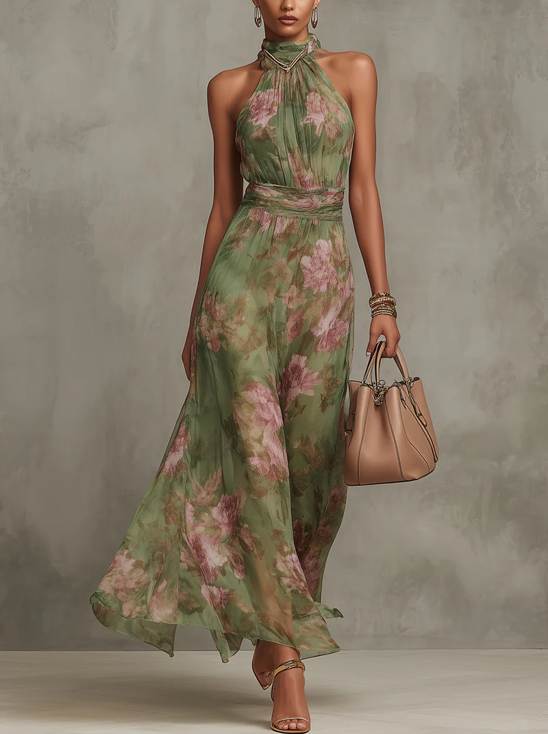 Marianne | Floral Chiffon Halter-Neck Maxi Dress
