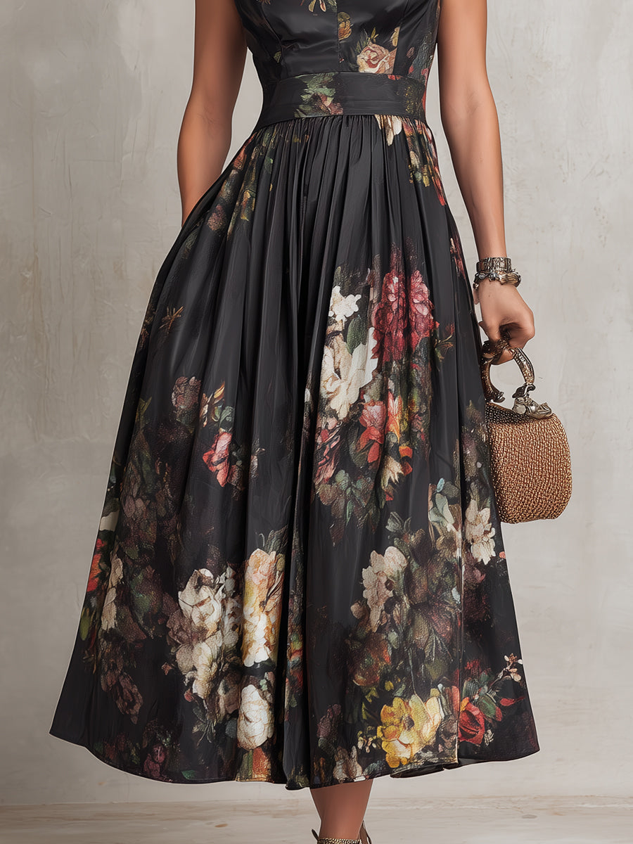 Maricel™ | Elegant Black Floral Dress for Formal Wedding Guest Style with A-Line Midi Skirt