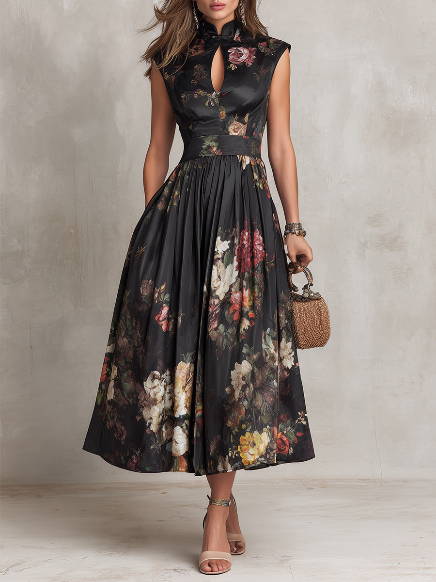 Amorinda™ | Floral Print Stand Collar Keyhole Neck Cap Sleeve A-Line Midi Dress