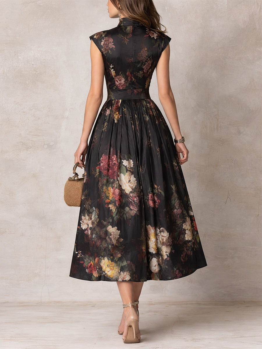 Maricel™ | Elegant Black Floral Dress for Formal Wedding Guest Style with A-Line Midi Skirt