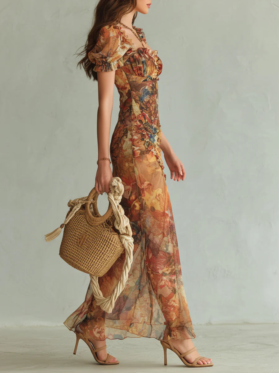 Seraphina™ | Floral Maxi Dress with Sweetheart Neck Short Sleeve Ruched Bodice