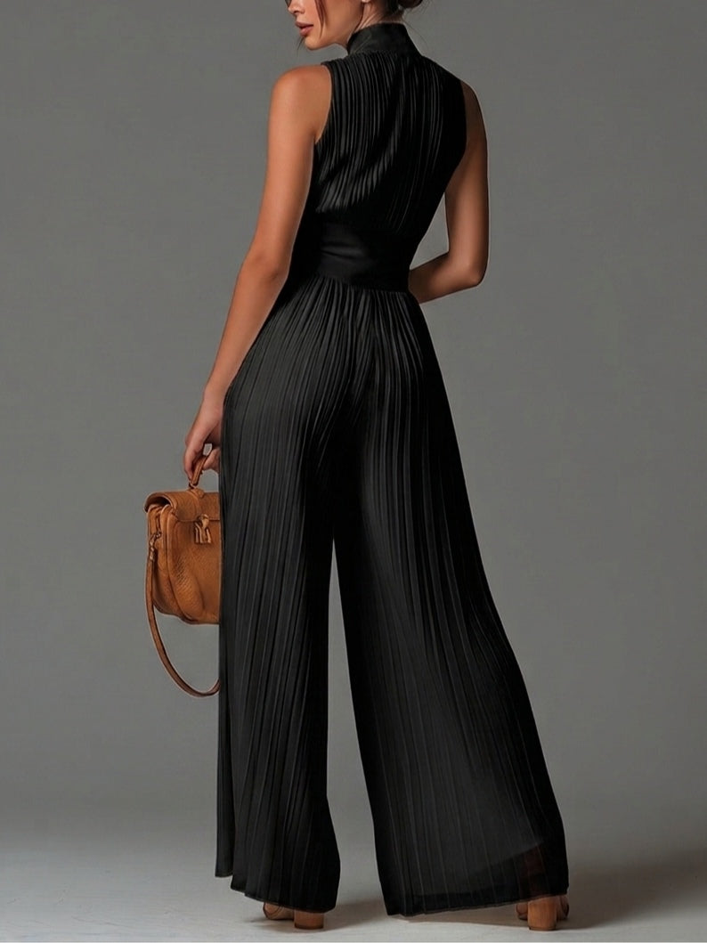 Louraine™ | V-Neck Sleeveless Zip-Up Pleated Wide-Leg Jumpsuit