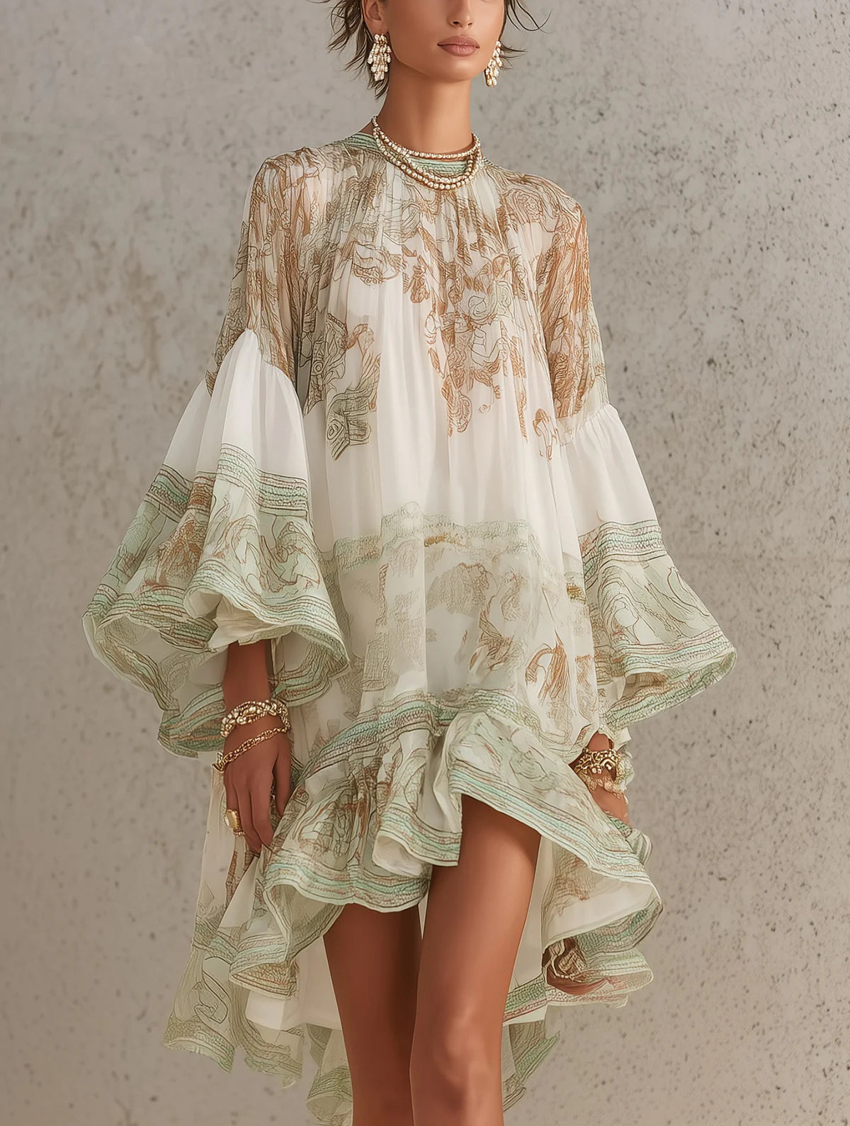 Lucinda™ | Ruffled Sleeve Mini Dress with Striped Hem