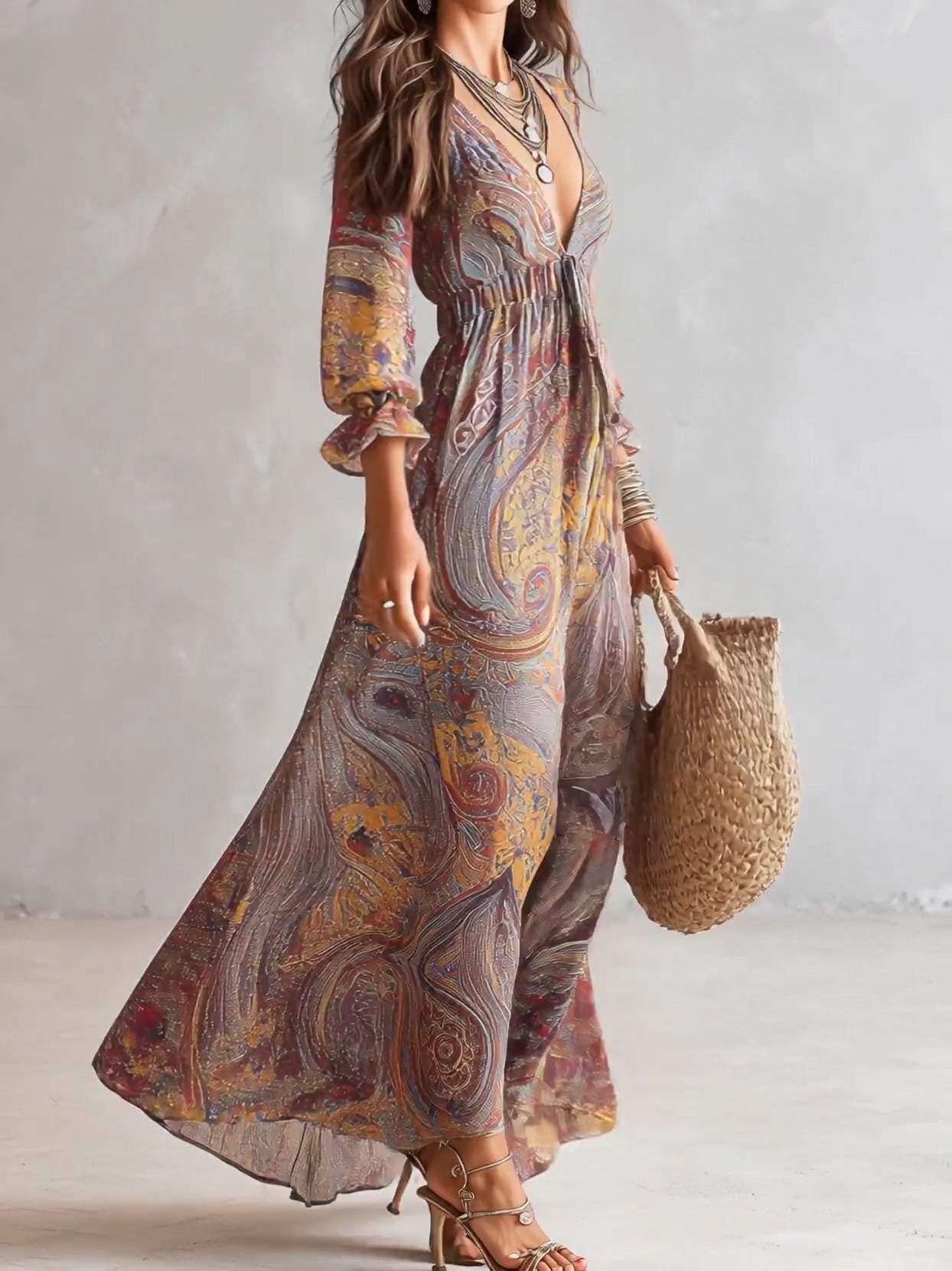 Belvine™ | Paisley Print V-Neck Gathered Maxi Dress
