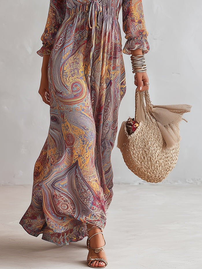 Belvine™ | Paisley Print V-Neck Gathered Maxi Dress
