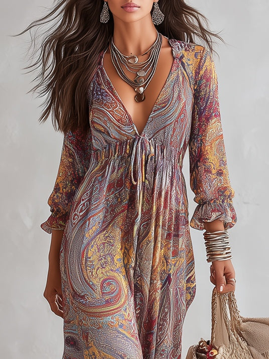 Belvine™ | Paisley Print V-Neck Gathered Maxi Dress