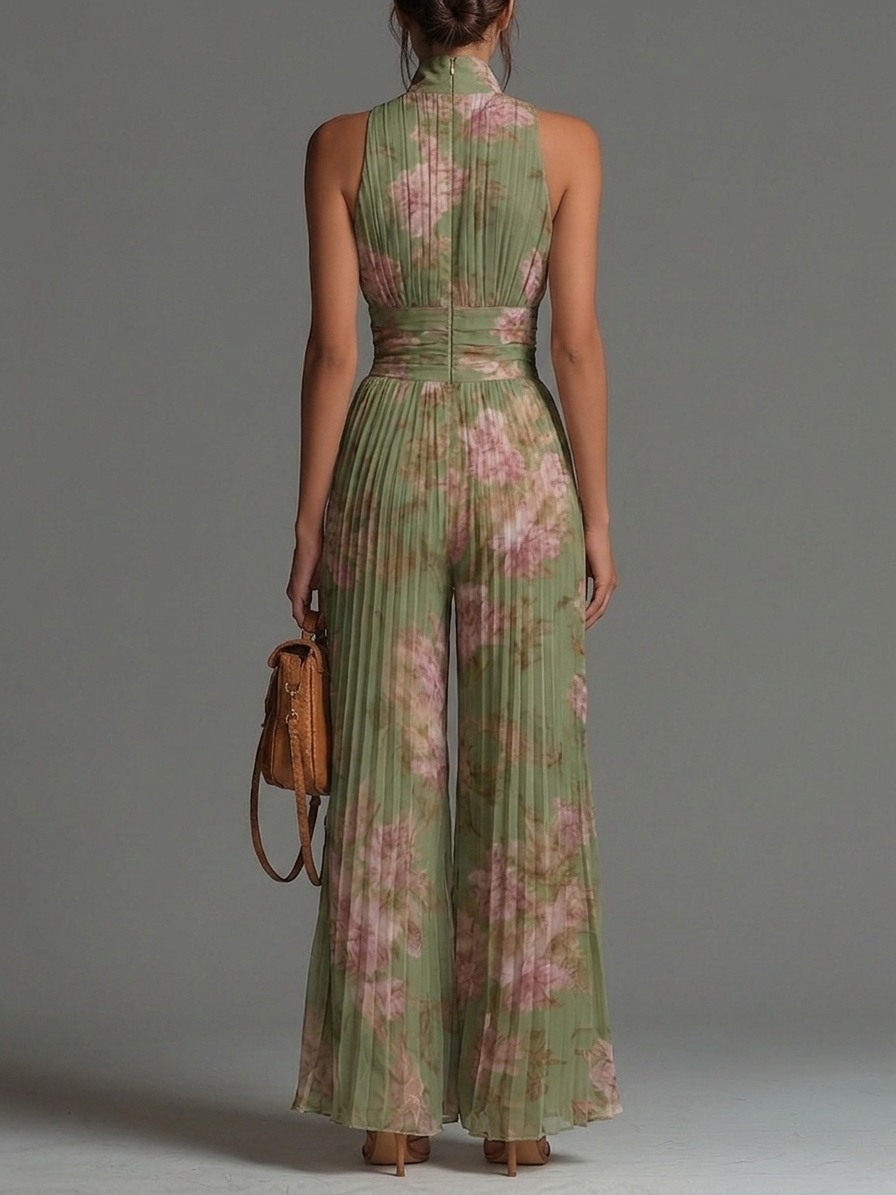 Edalora™ | Floral V-Neck Sleeveless Zip-Up Pleated Wide-Leg Jumpsuit