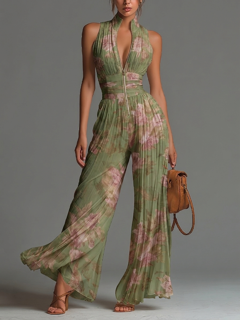 Novaine™ | Pleated Floral Wide-Leg Jumpsuit