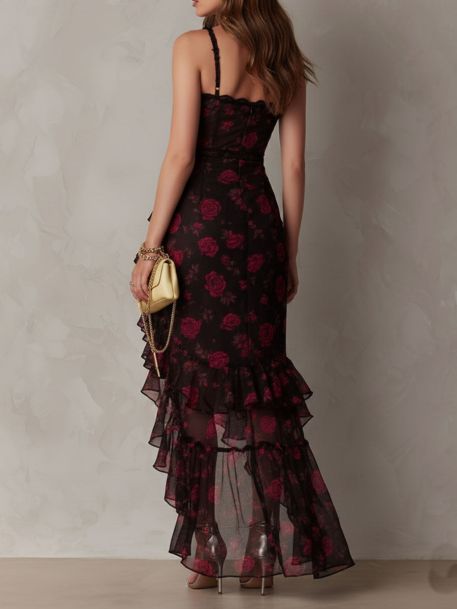 Paloma™ | Black And Red Floral Ruched Ruffle Hem Dress