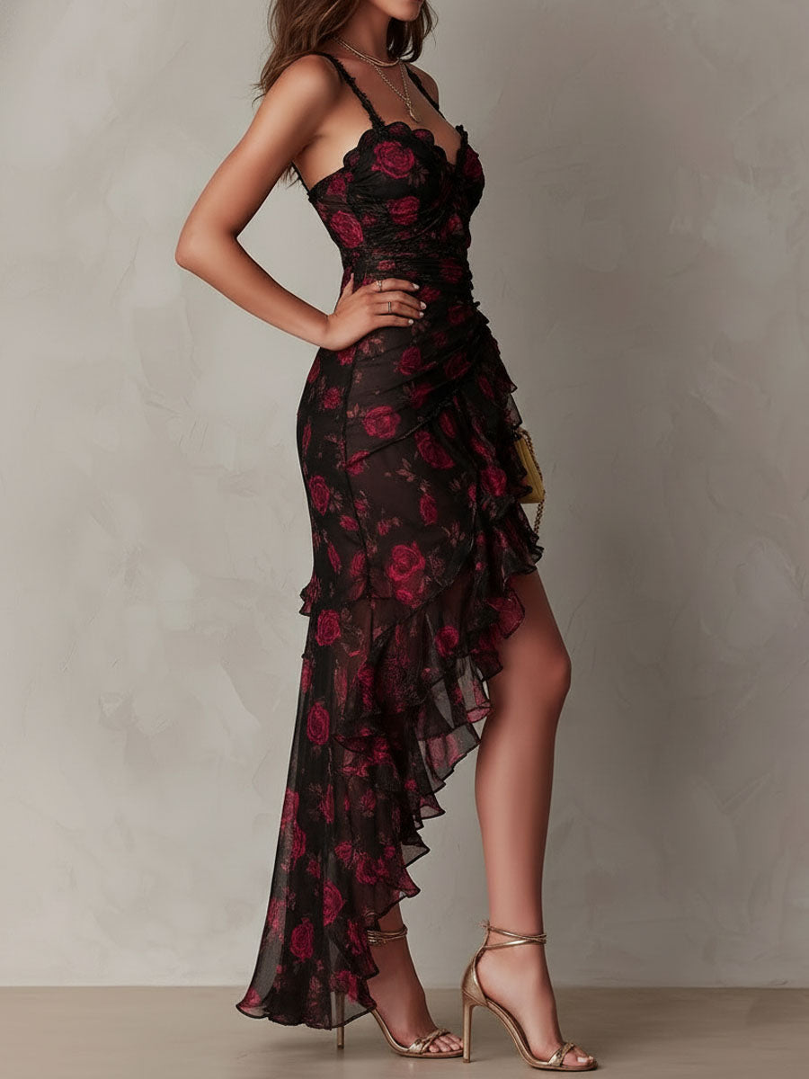 Paloma™ | Black And Red Floral Ruched Ruffle Hem Dress