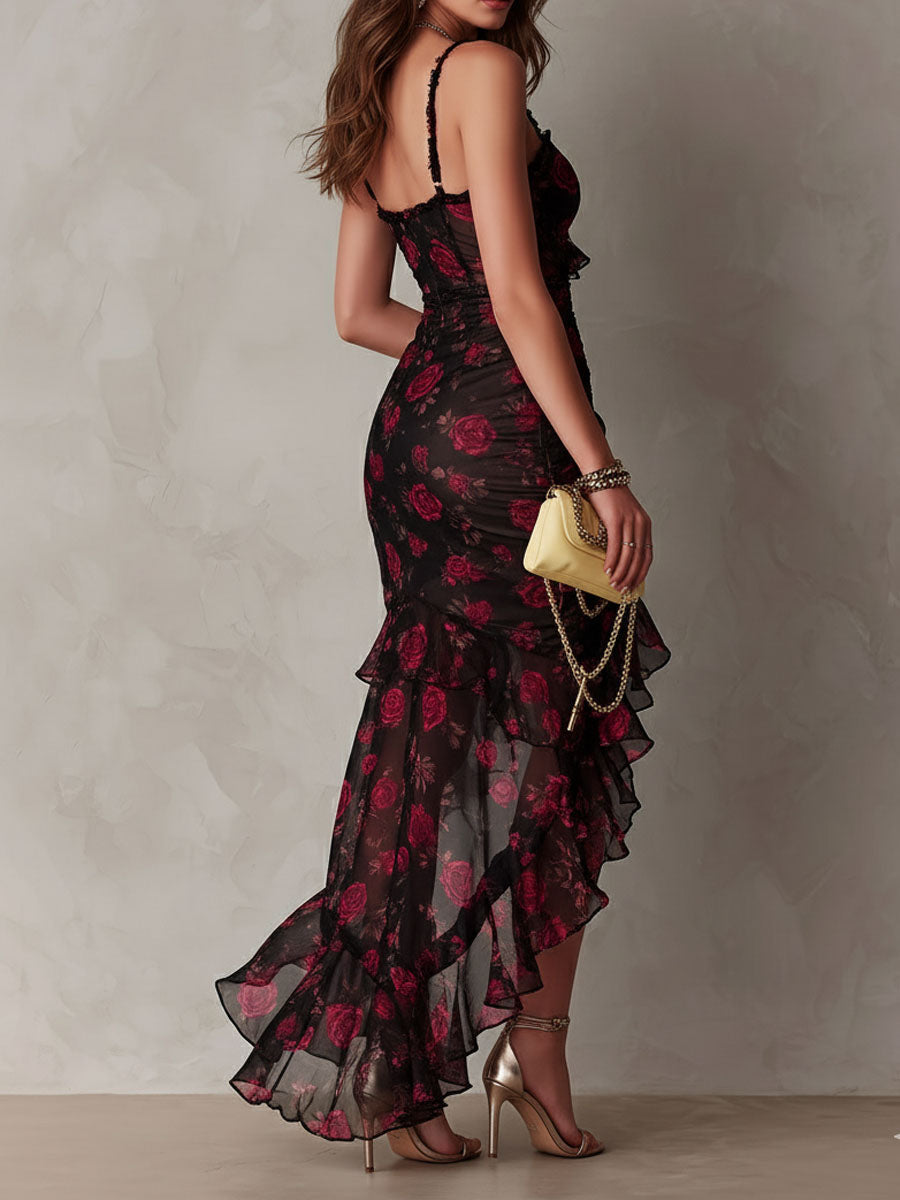 Prunella™ | Black & Red Floral Ruched Ruffle Hem Dress