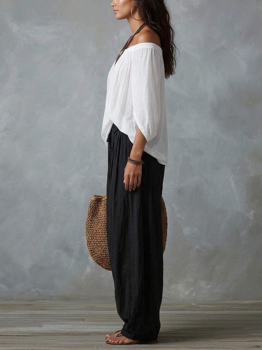 Alma | Completo Top Bianco Spalle Scoperte e Pantalone Ampio Lanterna