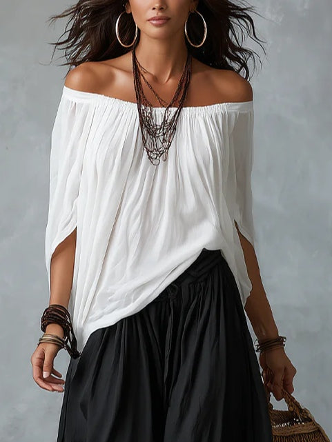Alma | Completo Top Bianco Spalle Scoperte e Pantalone Ampio Lanterna