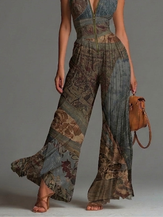 Ottavia™ | Bohemian Ethnic Print Sleeveless Zipper Pleated Wide-Leg Jumpsuit