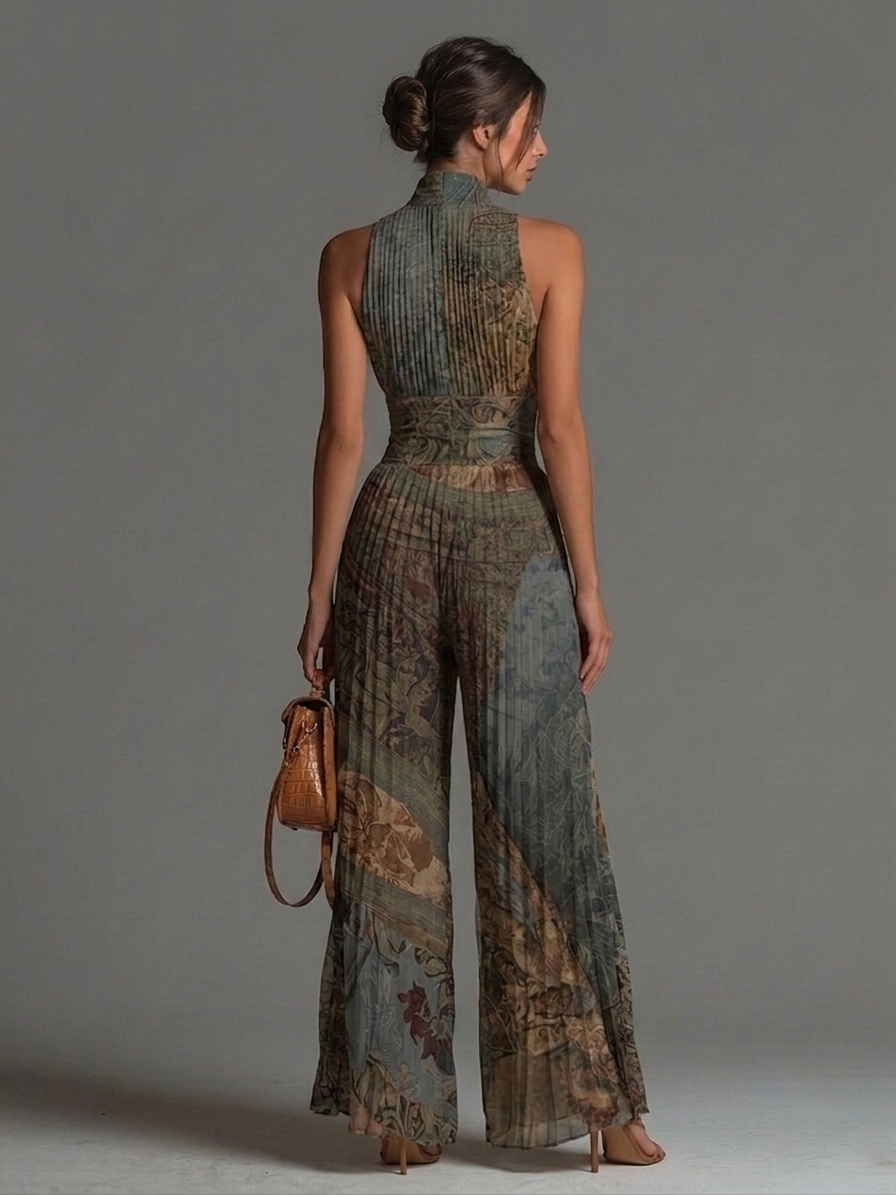Ottavia™ | Bohemian Ethnic Print Sleeveless Zipper Pleated Wide-Leg Jumpsuit