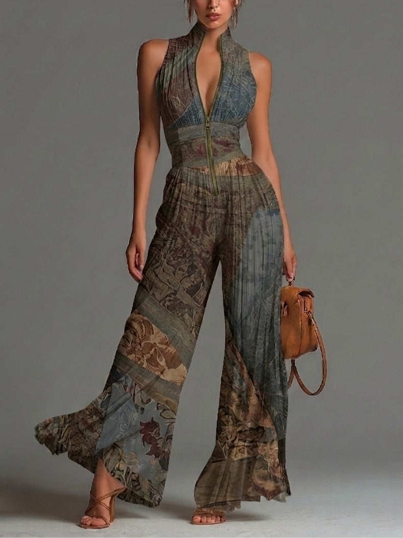 Ottavia™ | Bohemian Ethnic Print Sleeveless Zipper Pleated Wide-Leg Jumpsuit