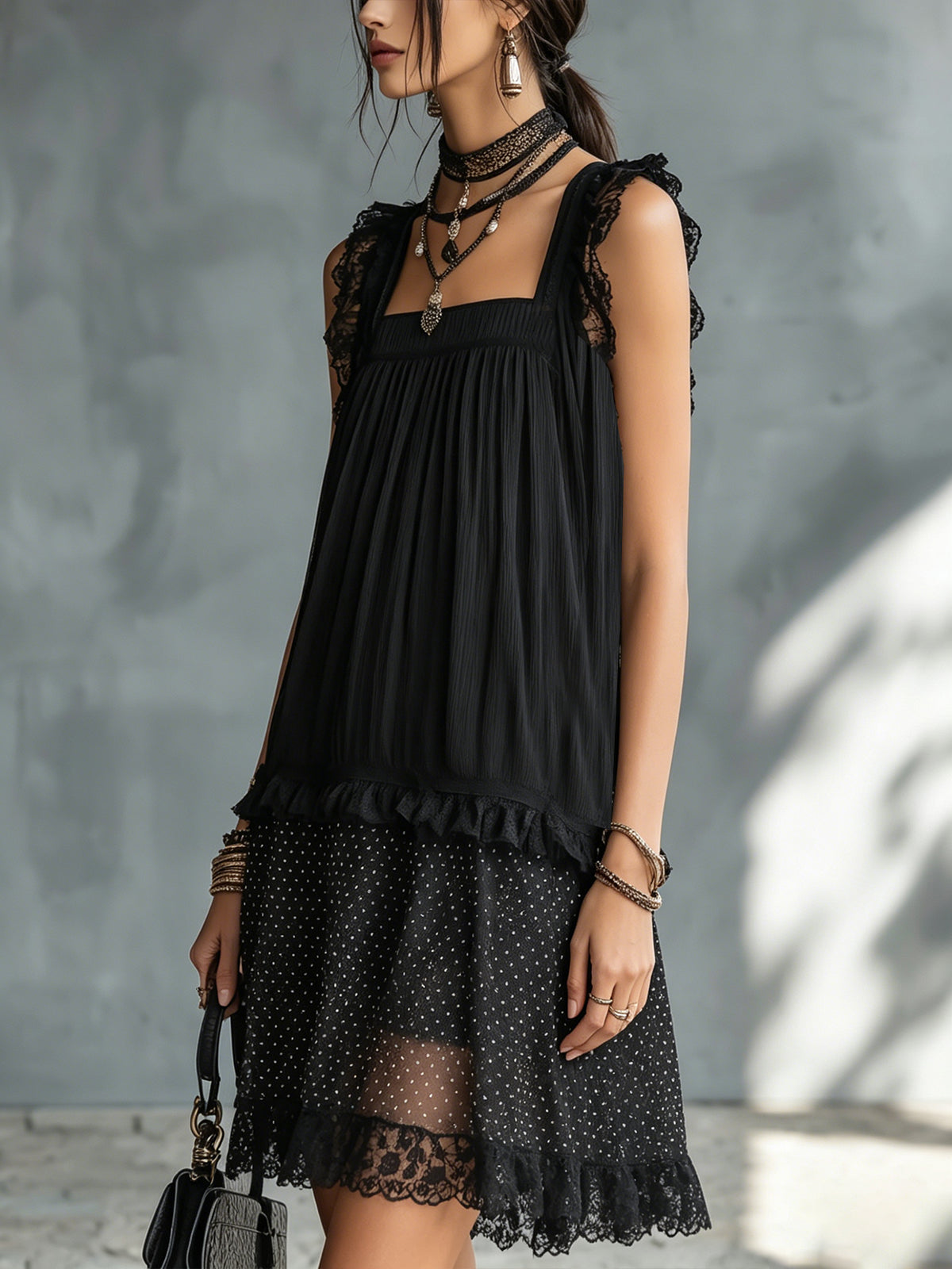 Auréline™ | Polka Dot Lace-Trim Ruffled Mini Dress