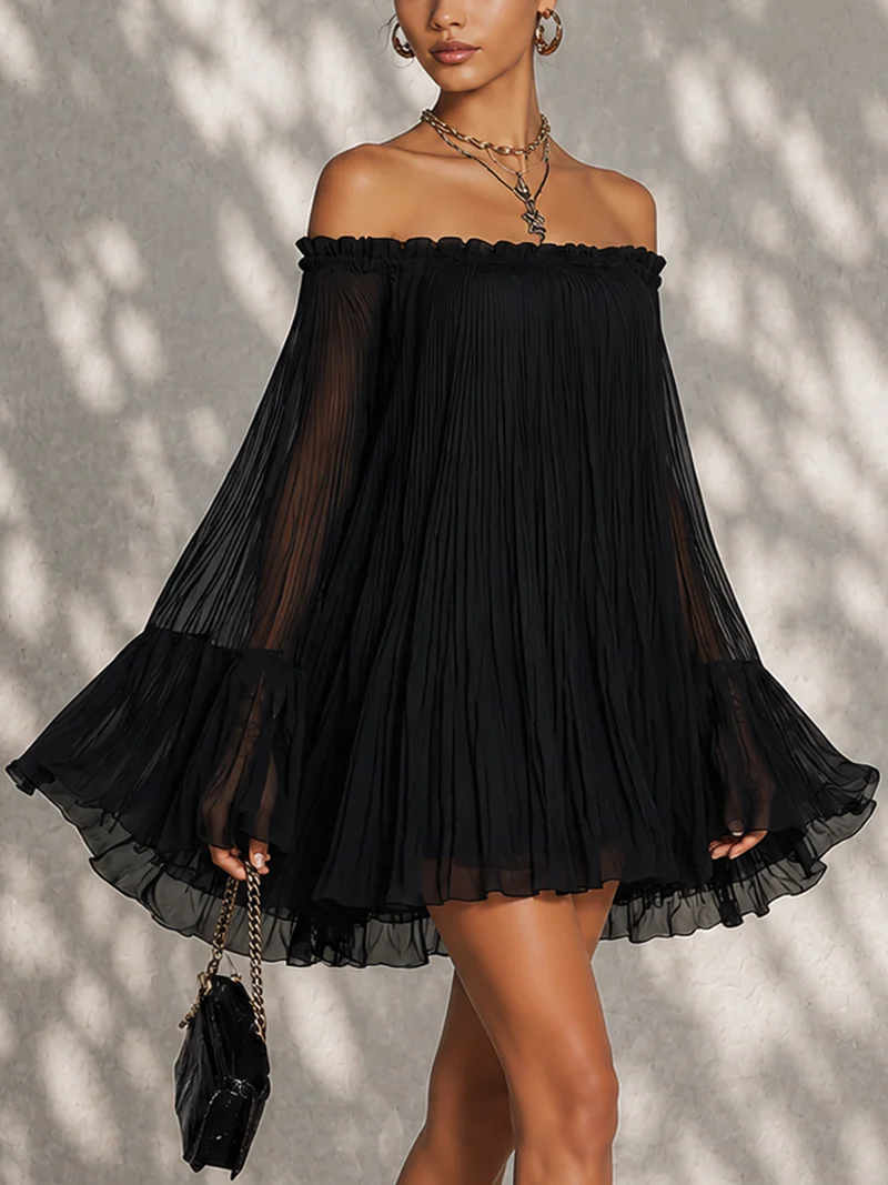 Vespine™ | Off-Shoulder Pleated Bell-Sleeve Mini Dress