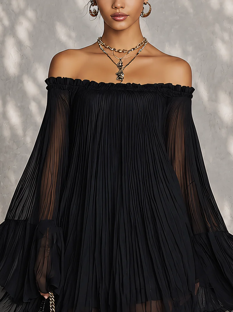 Vespine™ | Off-Shoulder Pleated Bell-Sleeve Mini Dress