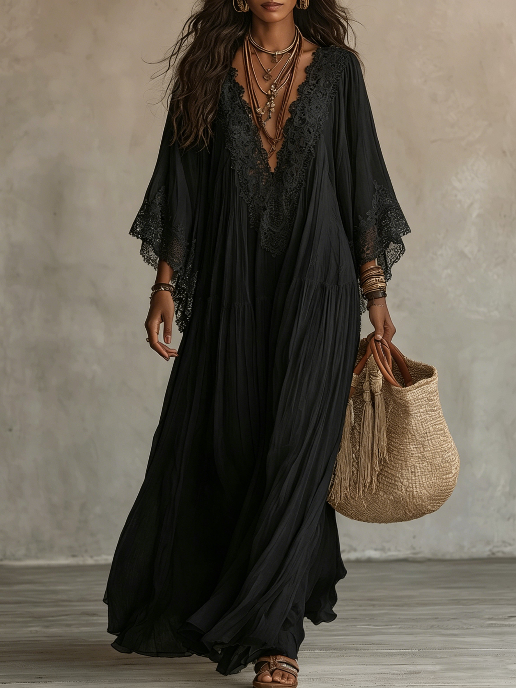 Rosventura™ | V-Neck Maxi Dress with Batwing Sleeves