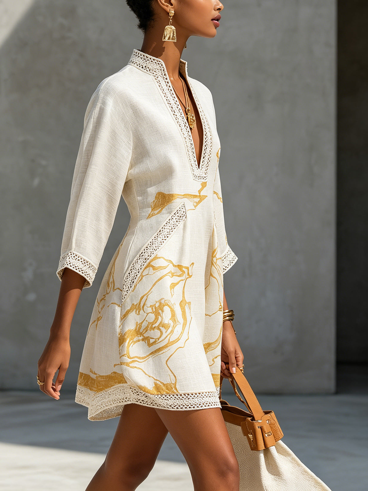 Galadrielle™ | Ivory Gold Marble Print Crochet-Trim Mini Dress