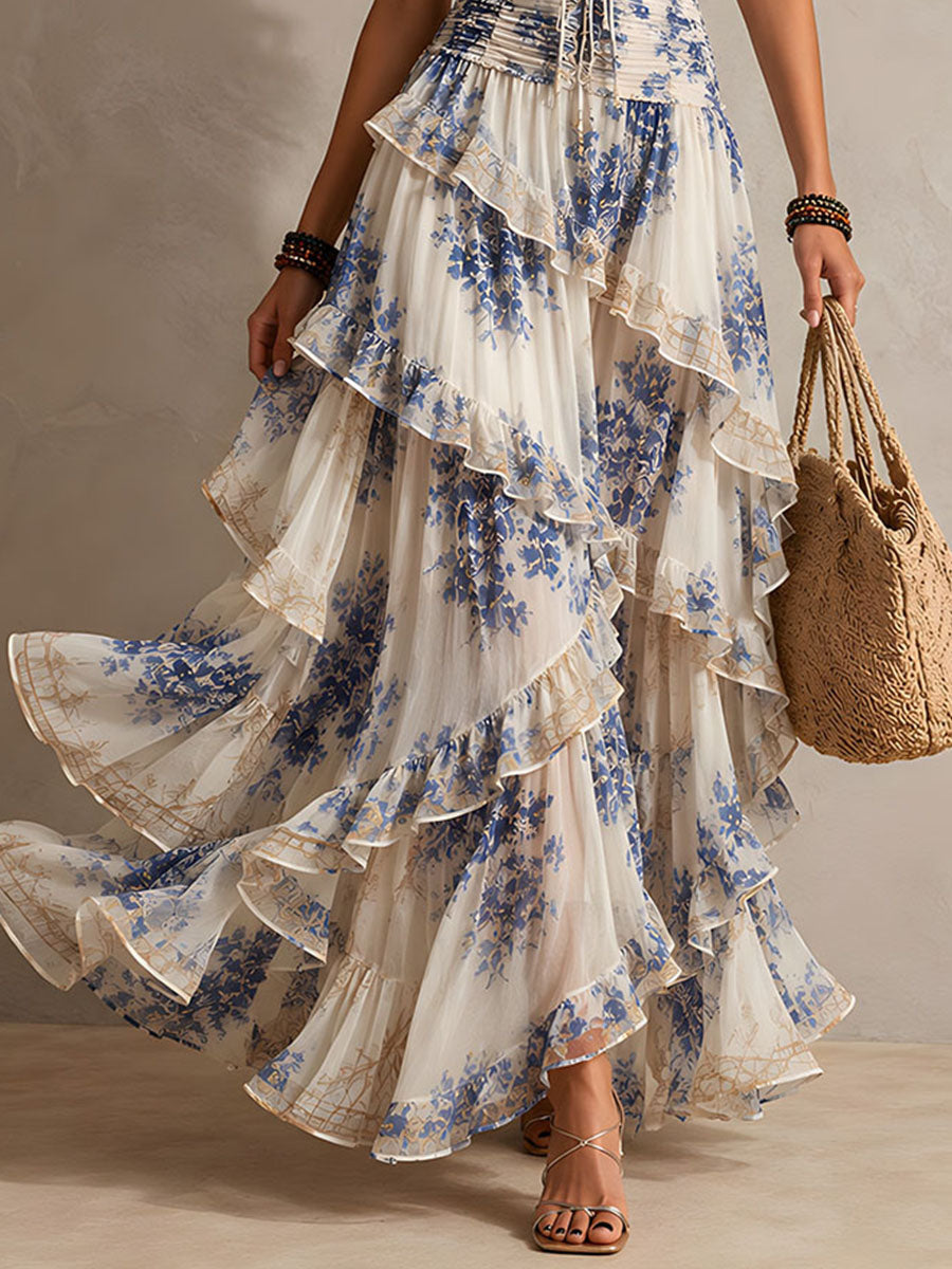Juliette™ | Romantic Vacation Blue And White Floral Print Halter Neck Ruffled Maxi Dress