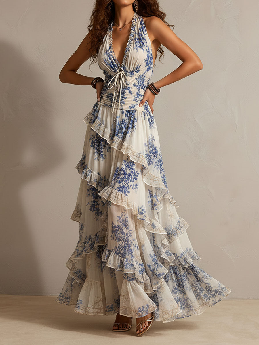 Juliette™ | Romantic Vacation Blue And White Floral Print Halter Neck Ruffled Maxi Dress