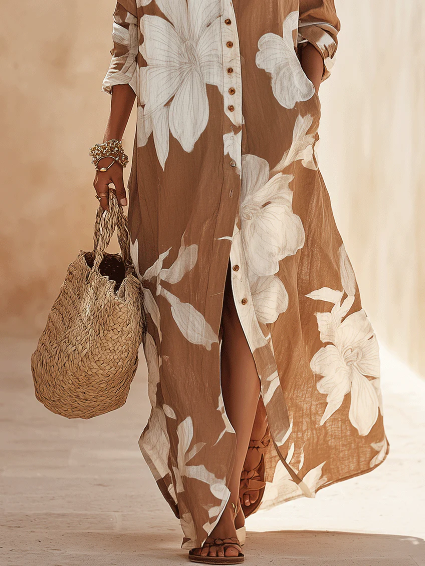 Fiorella™ | Floral Print Vacation Maxi Shirt Dress