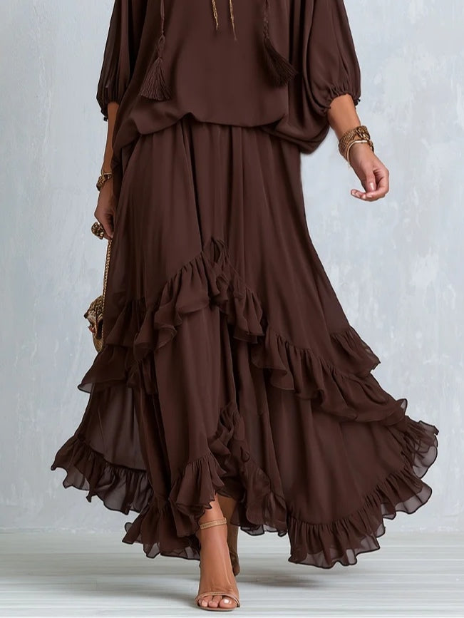 Ondine | Brown Chiffon Top with Fringes and Flared Skirt