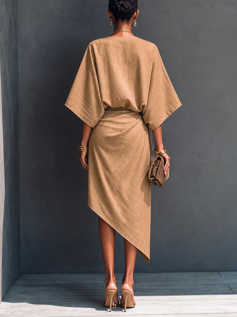 Orinthel™ | Draped Asymmetrical Short-Sleeve Midi Dress