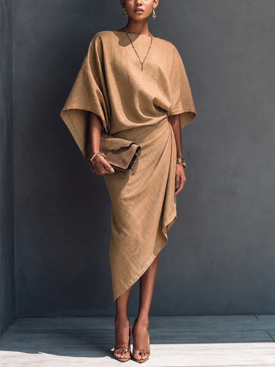 Orinthel™ | Draped Asymmetrical Short-Sleeve Midi Dress