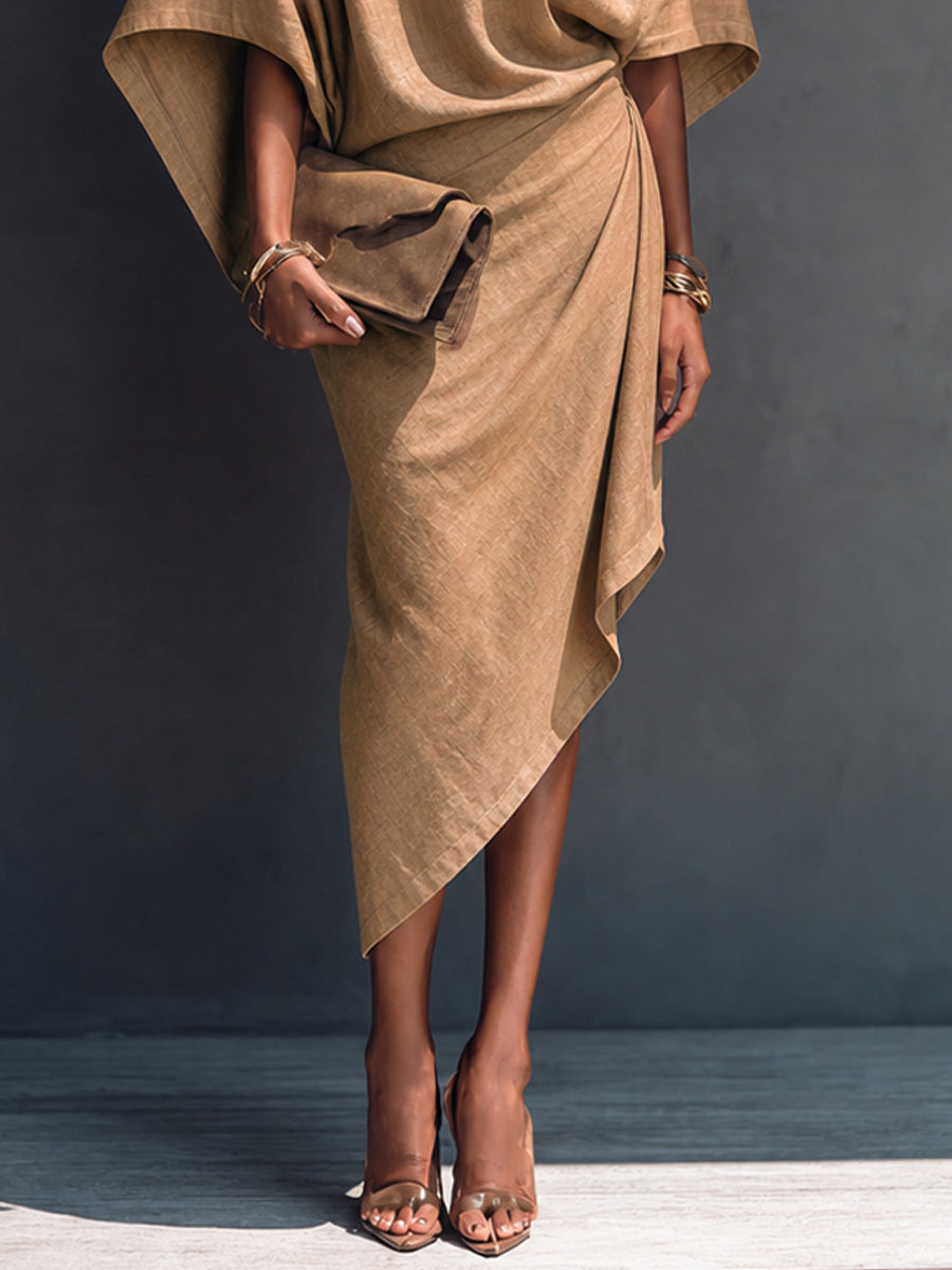 Orinthel™ | Draped Asymmetrical Short-Sleeve Midi Dress