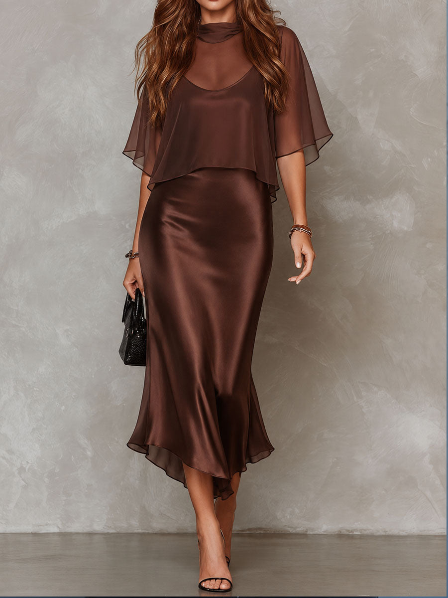Kivara™ | Cape Overlay Midi Dress Two-Piece Set
