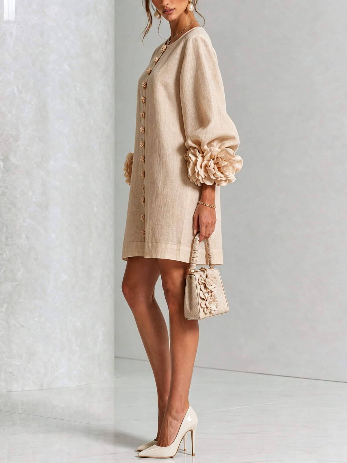 Clementine | Rosette-Cuff Button Shift Dress