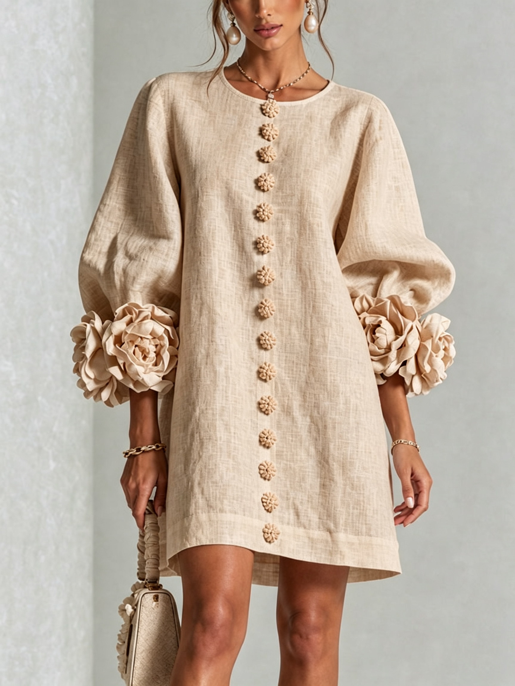 Clementine | Rosette-Cuff Button Shift Dress