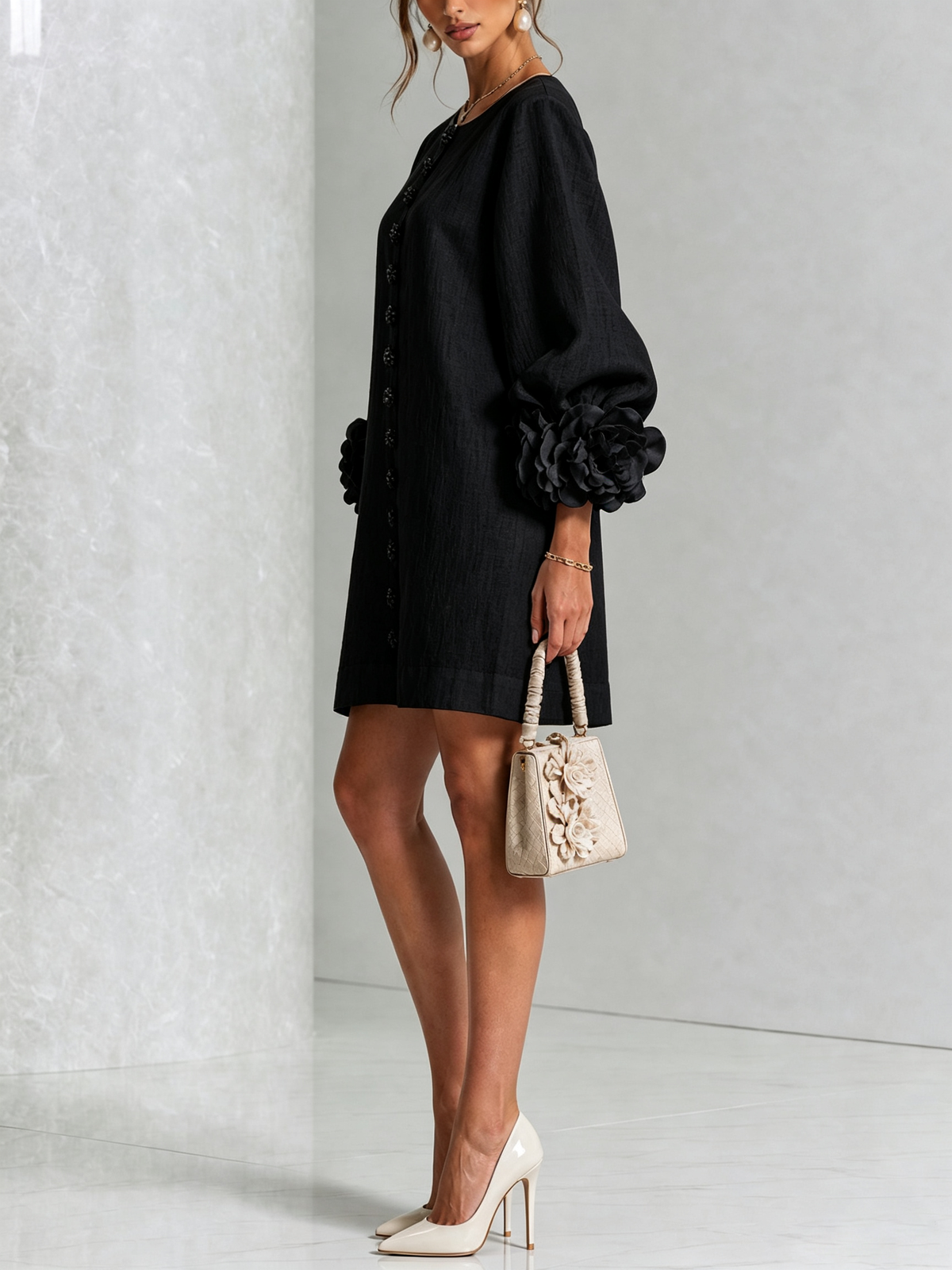 Clementine | Rosette-Cuff Button Shift Dress