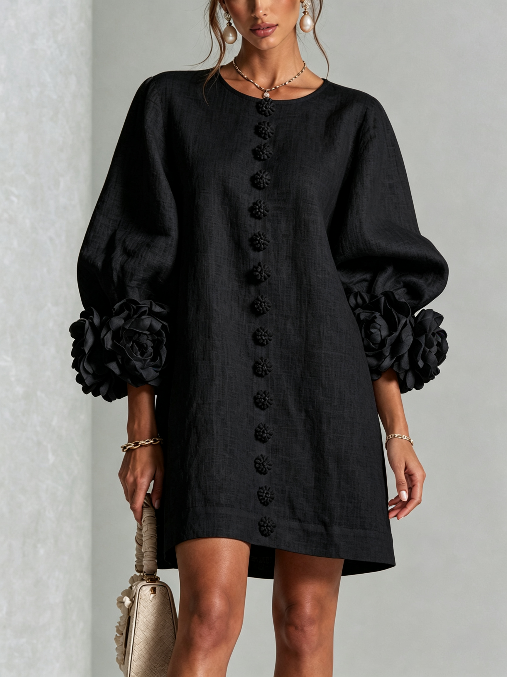 Florence™ | Floral Button-Down Mini Dress with Rose Knot Cuffs