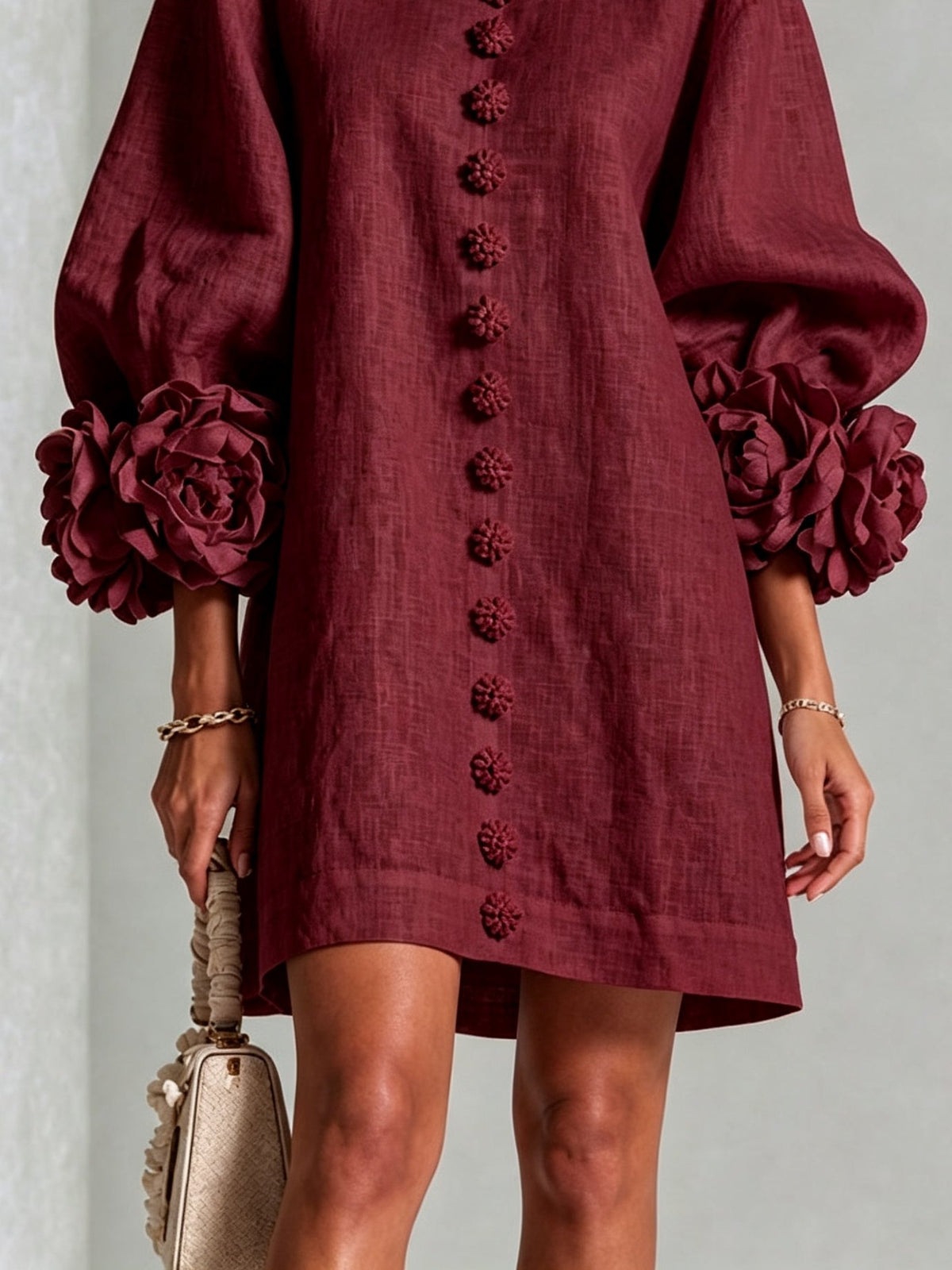 Clementine | Rosette-Cuff Button Shift Dress