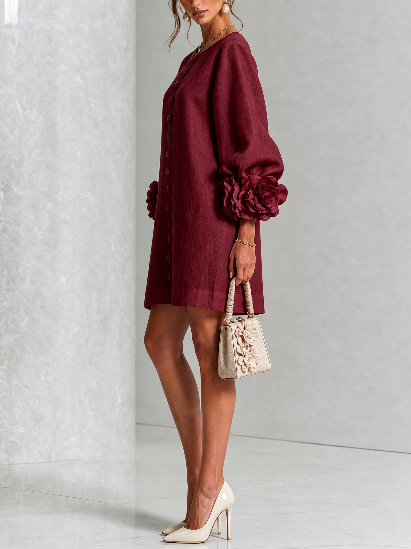 Clementine | Rosette-Cuff Button Shift Dress