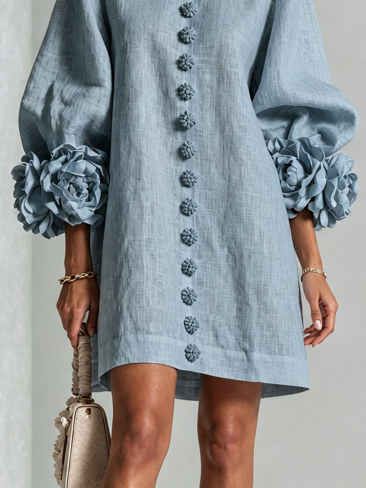Clementine | Rosette-Cuff Button Shift Dress